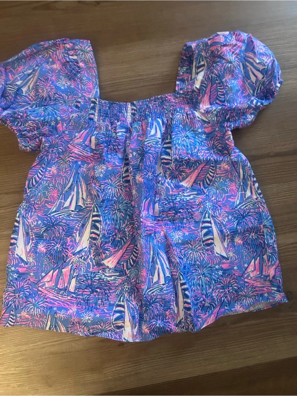 Lilly Pulitzer Blue & Pink Sailboat Puff-Sleeve Top - Picture 1 of 1